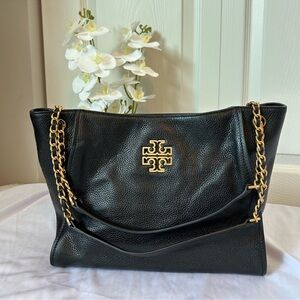 Tory Burch Black Leather Shoulder Bag with Gold Accents